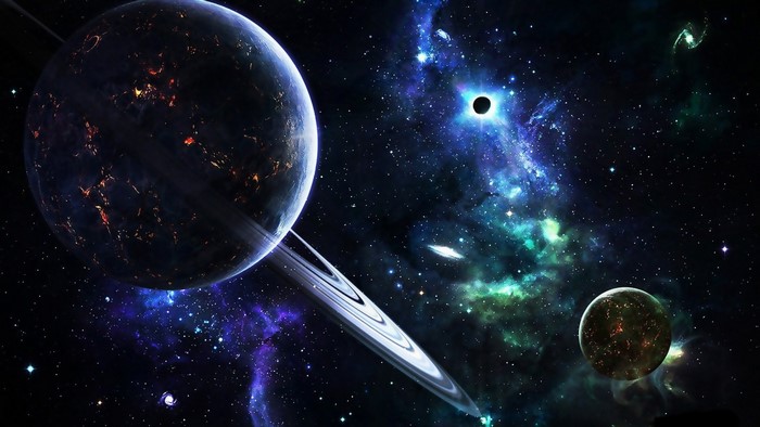 Mystical Planet with Rings in Colorful Space