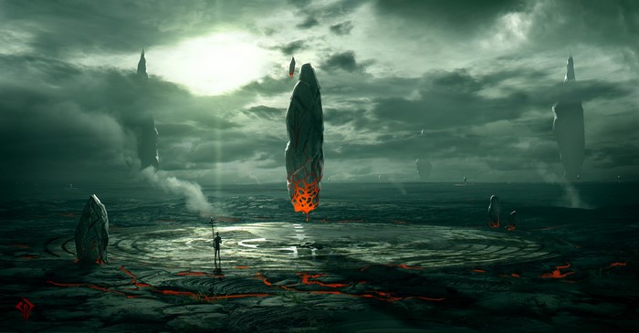 Alien planet with floating rocks and lava