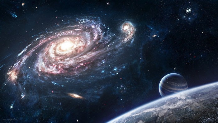Spiral Galaxy with Planet and Stars in Space