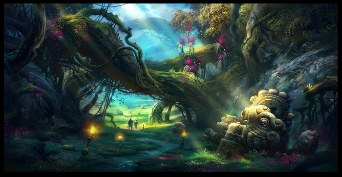 Fantasy forest with ancient ruins and travelers