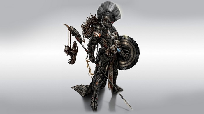Fantasy warrior with shield and spear adorned with skulls