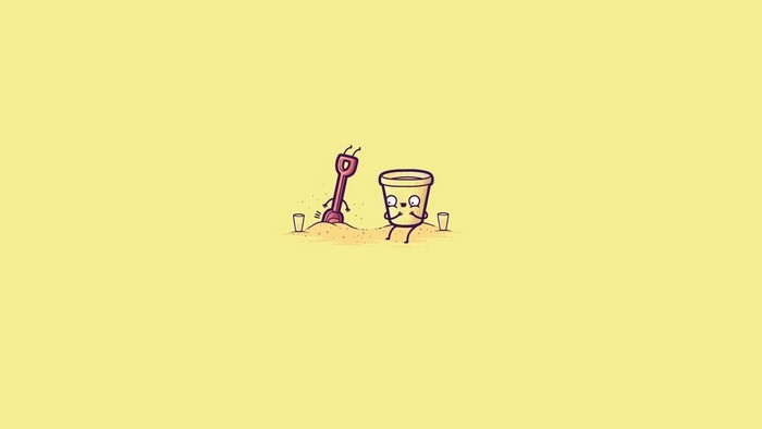 Minimalist digital art of cartoon shovel and bucket in sand