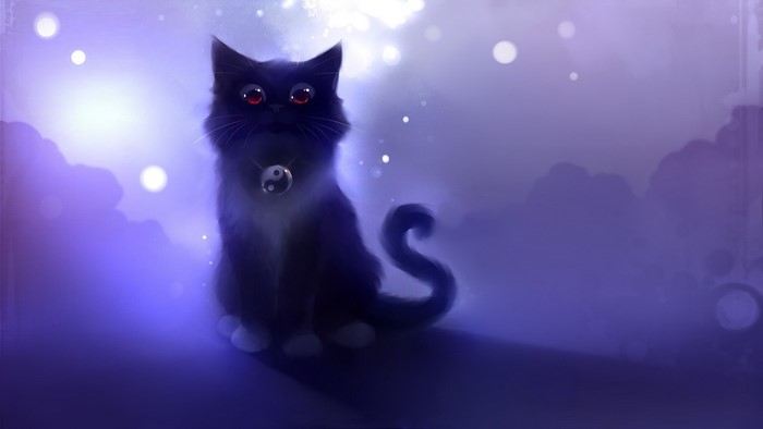 Mystical Black Cat with Yin Yang Pendant in Glowing Bubbles