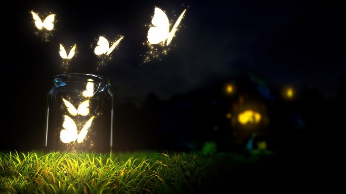 Glowing butterflies escaping from a jar at night