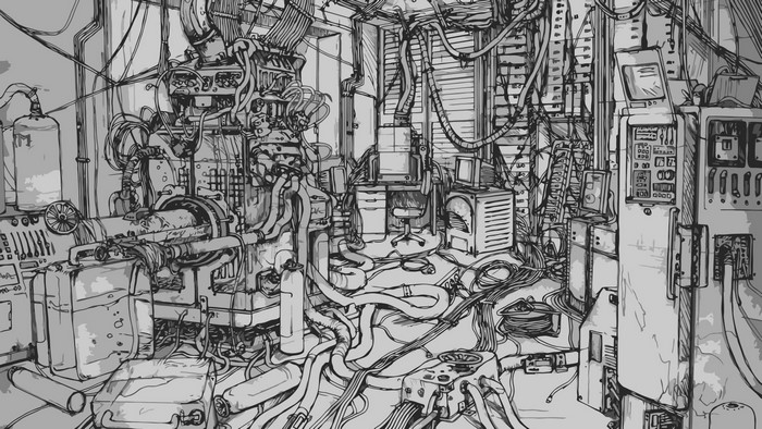 Computer room with complex machinery and wires
