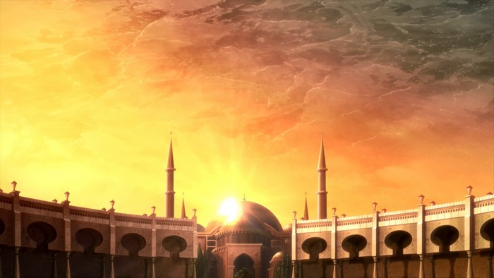 Mosque architecture at sunset from Sword Art Online