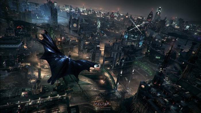 Batman from Batman: Arkham Knight flying over Gotham City