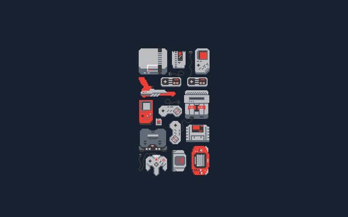 Pixel art collection of retro video game consoles and controllers