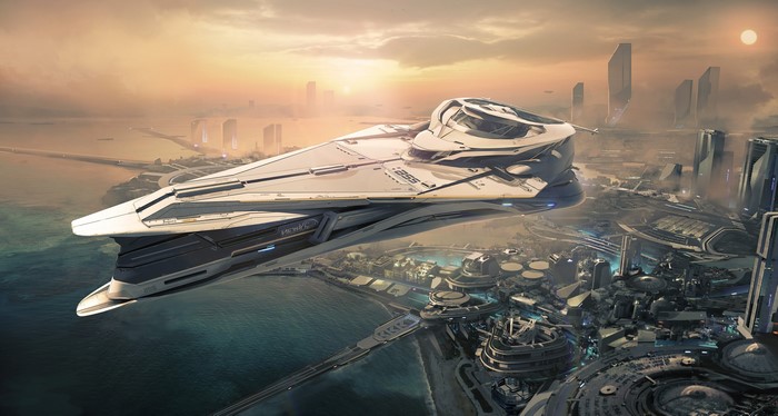 Star Citizen concept art of a spaceship over a futuristic city