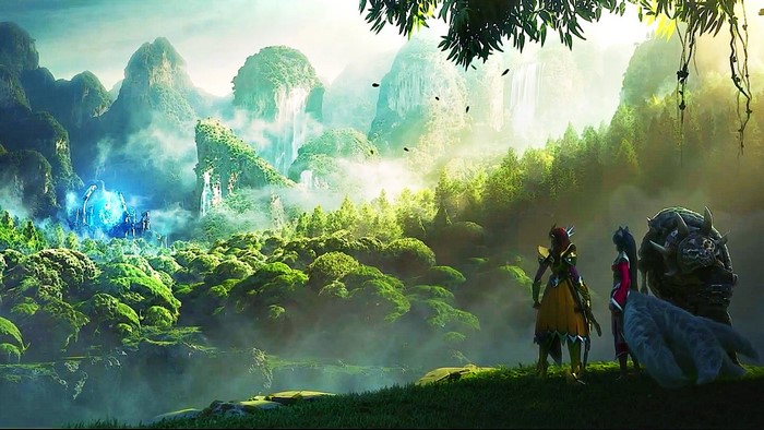 League of Legends characters in a mystical forest landscape