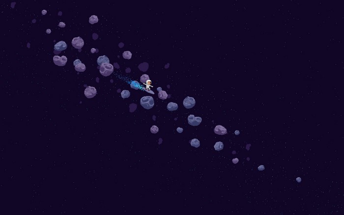 Pixel Art Astronaut Surfing on Asteroids in Space