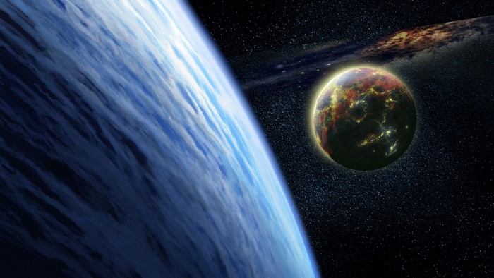 Digital art of planets and nebula in space
