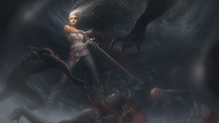 Ciri from The Witcher 3 fighting monsters