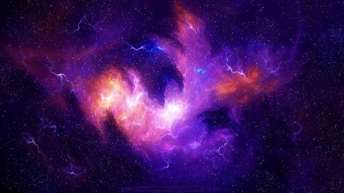 Digital art of a colorful nebula with lightning in space