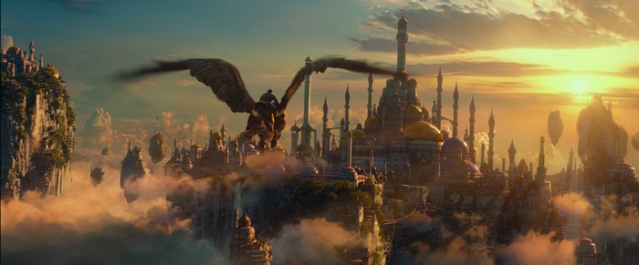 Griffin rider over a fantasy city in Warcraft