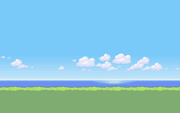 Pixel art landscape with ocean and clouds
