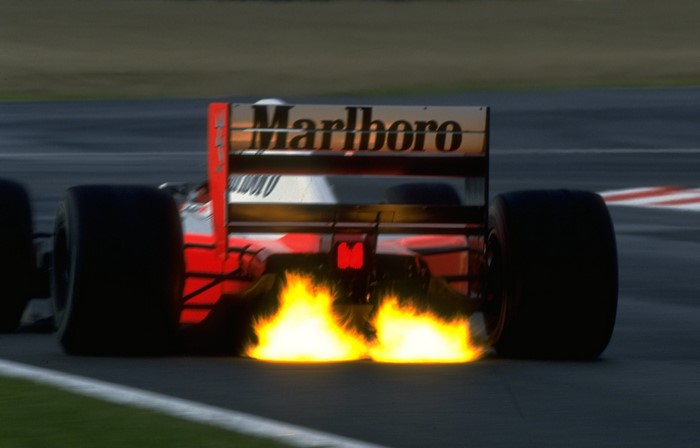 Ayrton Senna's Formula 1 Car Rear View with Flames