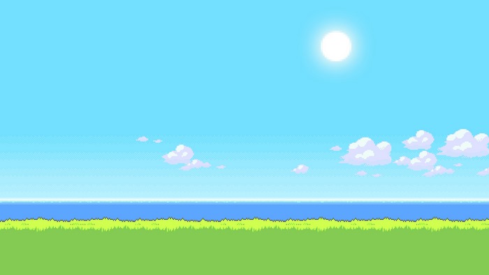 Pixel art landscape with sun, clouds, ocean, and grass