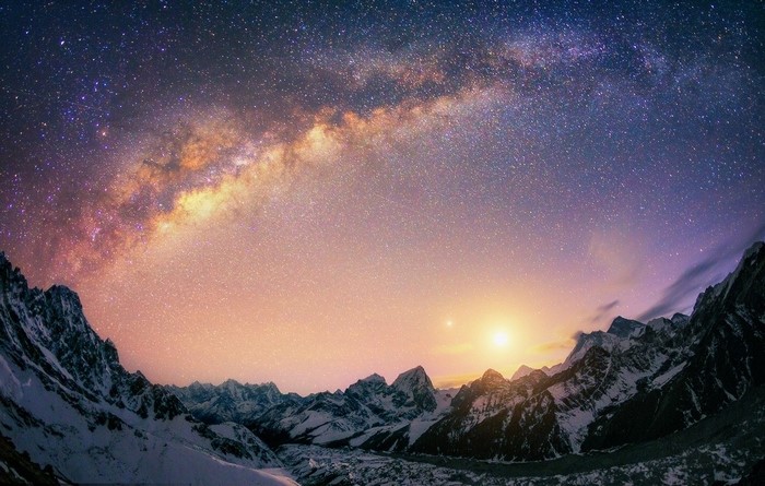 Milky Way Galaxy over Snowy Himalayan Mountains at Sunrise