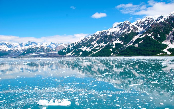 Alaska Mountains and Glacial Water with Ice Floes