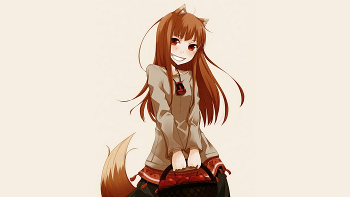 Holo from Spice and Wolf holding a basket of apples