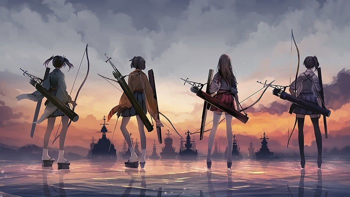 Kantai Collection girls with bows and arrows at sunset
