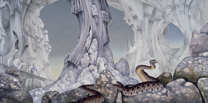 Roger Dean artwork of a snake and horses in a rocky landscape