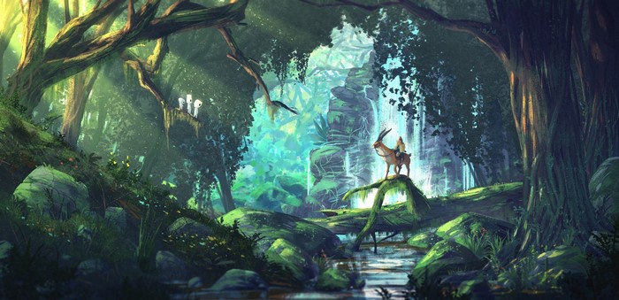 Princess Mononoke in Mystical Forest with Deer Spirit