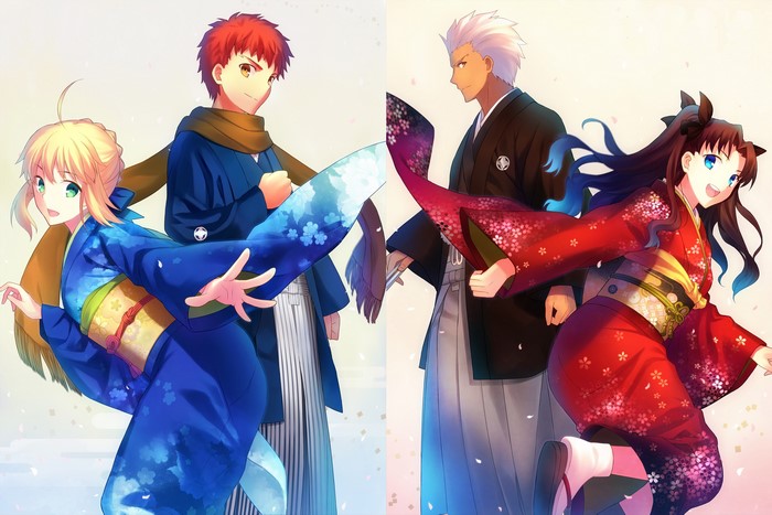 Saber, Shirou Emiya, Archer, and Rin Tohsaka from Fate Series