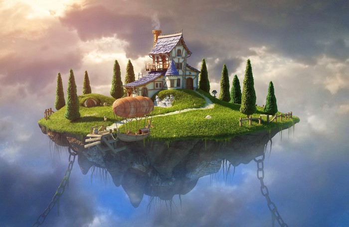 Floating island with house and zeppelin
