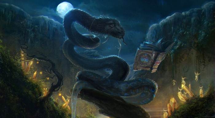 Mystical Snake with Moon and Fairies