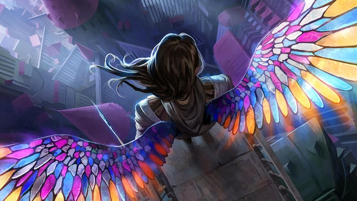 Angel with Stained Glass Wings in Fantasy City