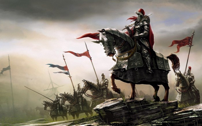 Knights on horseback in a medieval fantasy battle