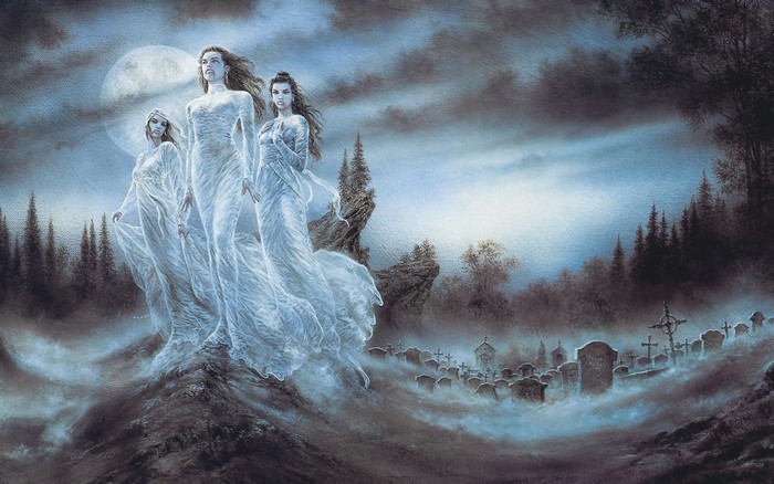 Three ethereal women in a misty graveyard
