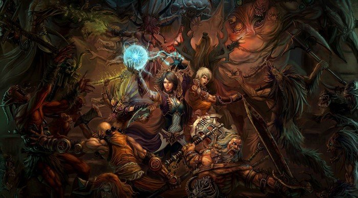 Diablo III artwork featuring a battle between heroes and demons