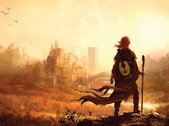 Kvothe from Kingkiller Chronicles standing on a hill overlooking a city