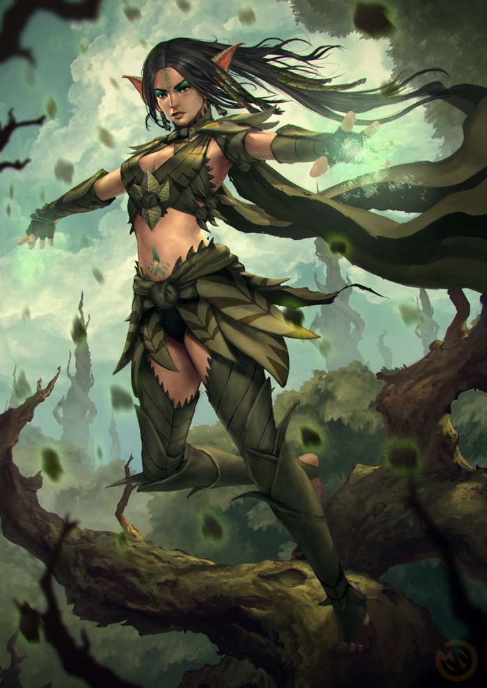 Elf druid casting magic in a forest
