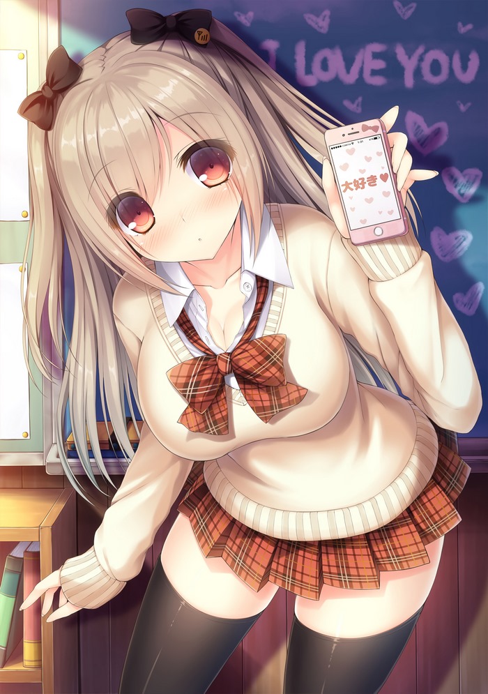 Anime girl in school uniform holding a phone