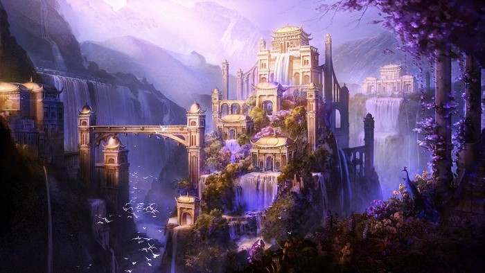 Fantasy castle city with waterfalls and mountains
