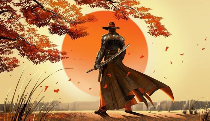 Samurai Cowboy Standing Before Setting Sun