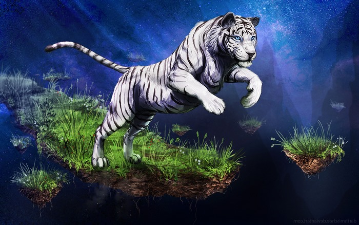 Majestic White Tiger Leaping Across Floating Islands