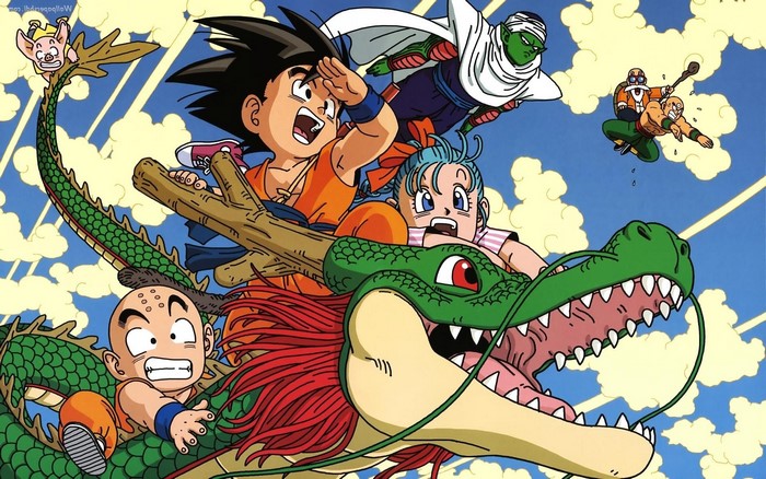 Dragon Ball characters riding Shenron