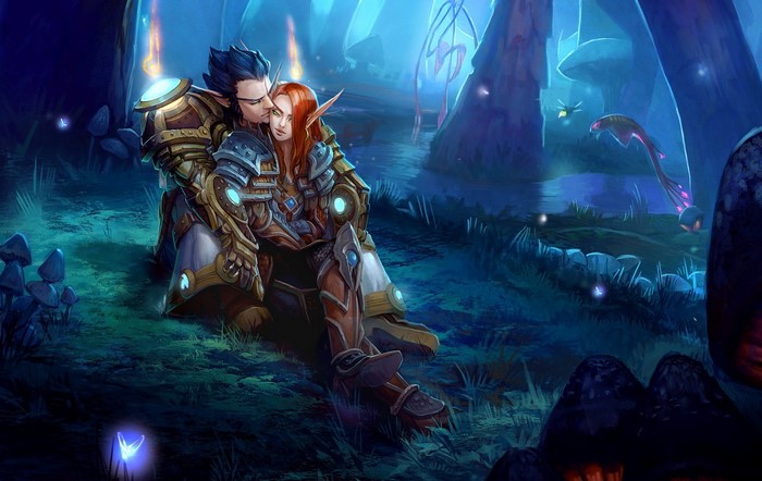 Elven couple embracing in a magical forest