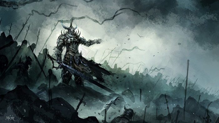 Fantasy warrior in armor with sword on battlefield