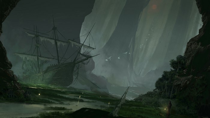 Abandoned sailing ship in a misty swamp cave