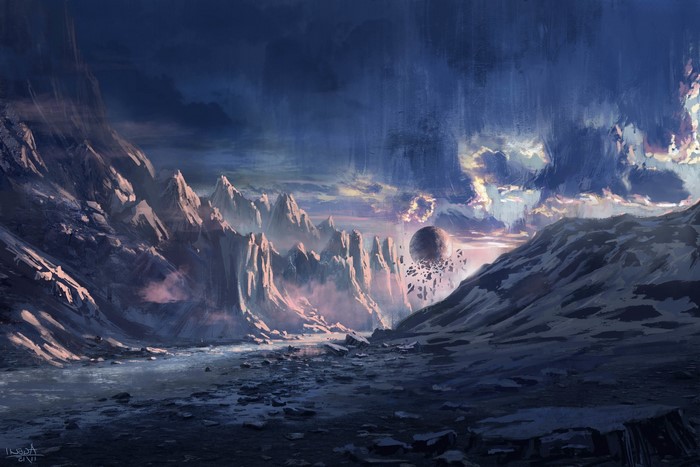 Mystical Mountain Landscape with Floating Orb