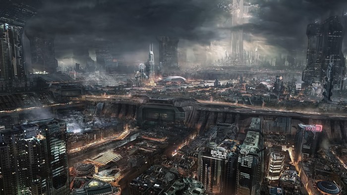Futuristic dystopian city with towering skyscrapers under a cloudy sky