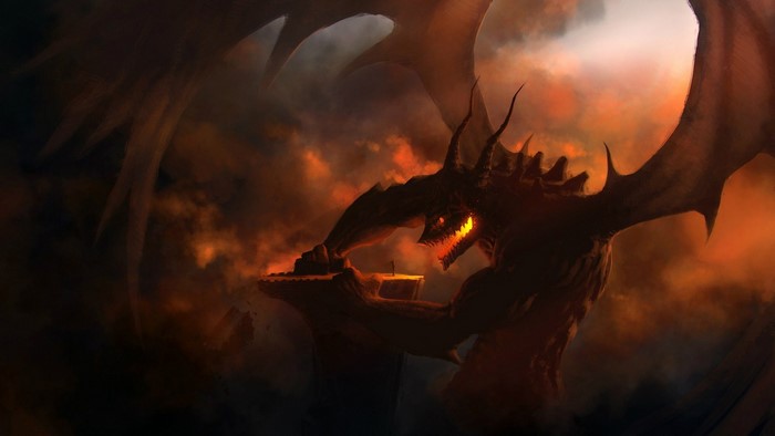 Dragon on a rocky outcrop with a small figure