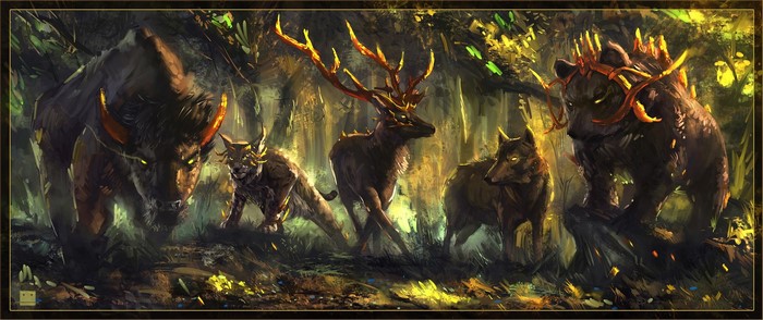 Fantasy forest animals with glowing horns