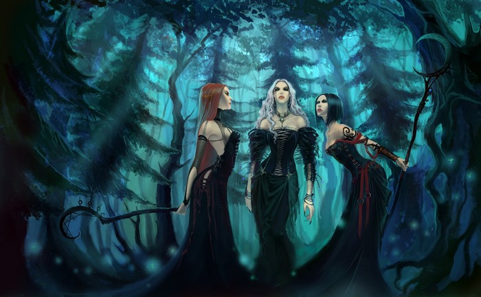 Three witches in a dark, mystical forest